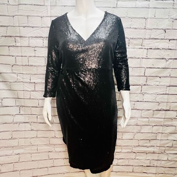 Eloquii Womens Black Sequined Faux Wrap Long Sleeve Midi Dress Size 18 (NWOT) - Picture 1 of 7